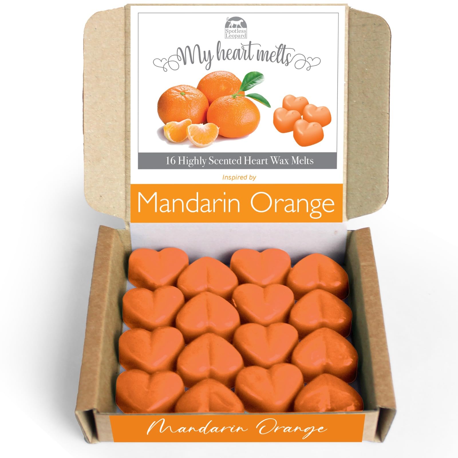Mandarin Orange Wax Melts: 16 x 5g Heart Shaped Scented Wax Melts, Vegan & Pet Friendly, Cruelty & Plastic Free, Candle Alternative