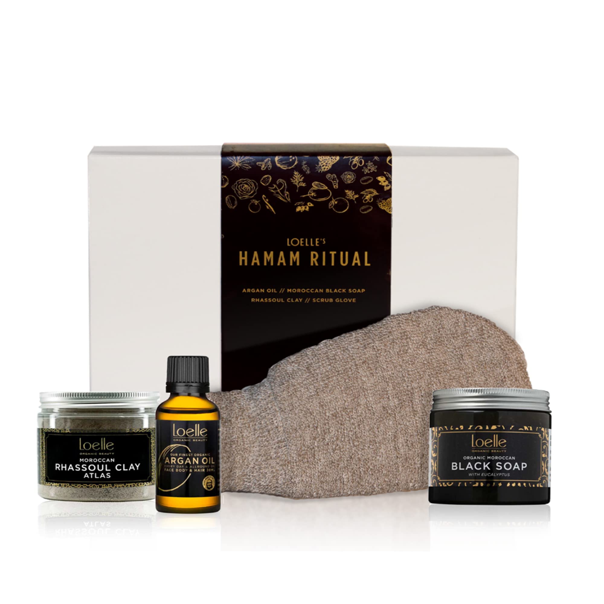 Loelle Hammam Ritual Gift Box - Including Argan Oil 30 ml, Moroccan Black Soap 200g, 220g & Linen Exfoliating Mitt, Birthday Gift for Her and Him, Skin Cleansing and Purifying Beauty Set, White