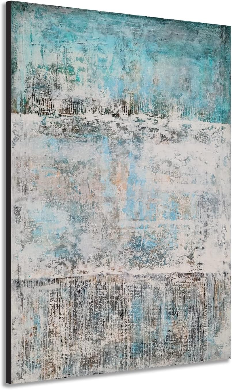 Paintings - YHSKY ARTS Abstract Canvas Wall Art - Hand Painted Modern Oil Paintings - Teal and White Pictures - Contemporary Coastal Artwork for Living Room Bedroom Bathroom Decor