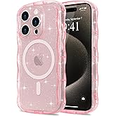 Pepmune Magnetic for iPhone 15 Pro Case Clear, Sparkly Bling Glitter Cute Curly Wave Transparent Cover for Women Men Compatible with MagSafe Shockproof Protective Phone Case for iPhone 15 Pro, Pink