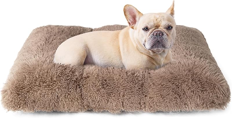 EHEYCIGA Fluffy Dog Crate Bed Medium 75x50x7.5cm Camel Anti-Slip