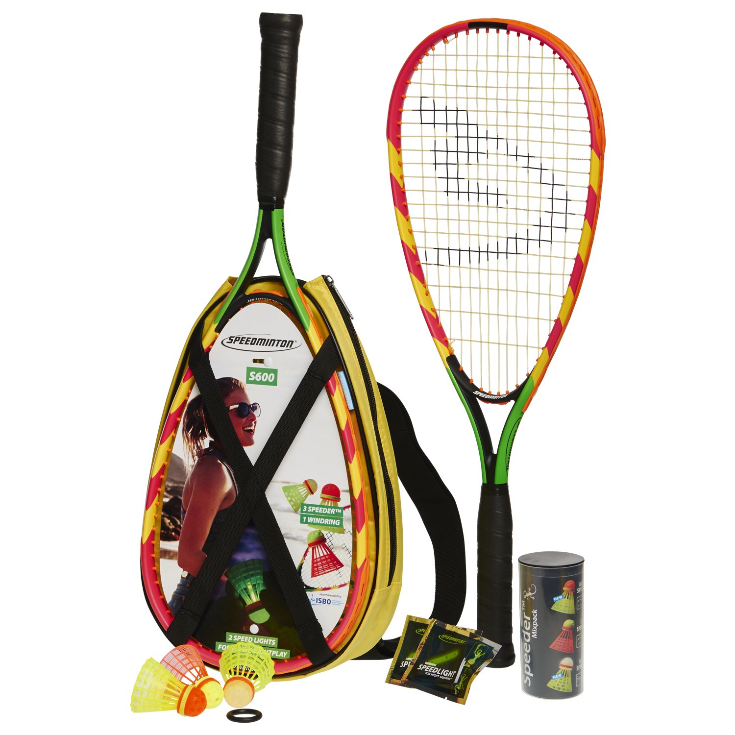 Speedminton S600 Set Speedminton S600 Set - Original Speed Badminton/ Crossminton Starter Set Including 2 Rackets, 3 Speeder, Speedlights, Bag - green, one size fit all