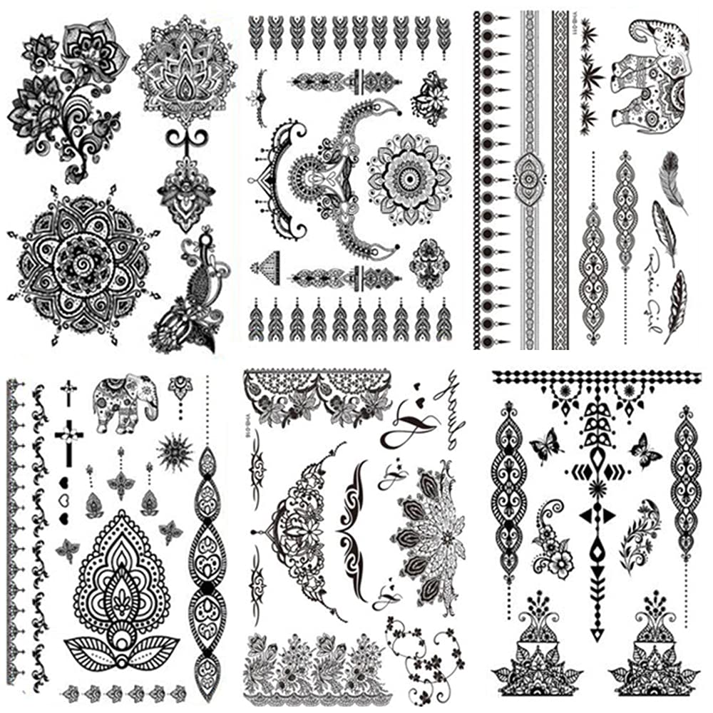 Yesallwas Black Lace Temporary Tattoos Stickers 6 Sheets Fake Black Temporary Tattoo for Women Sexy Tatoo-5.9x8.26inches (LxW)