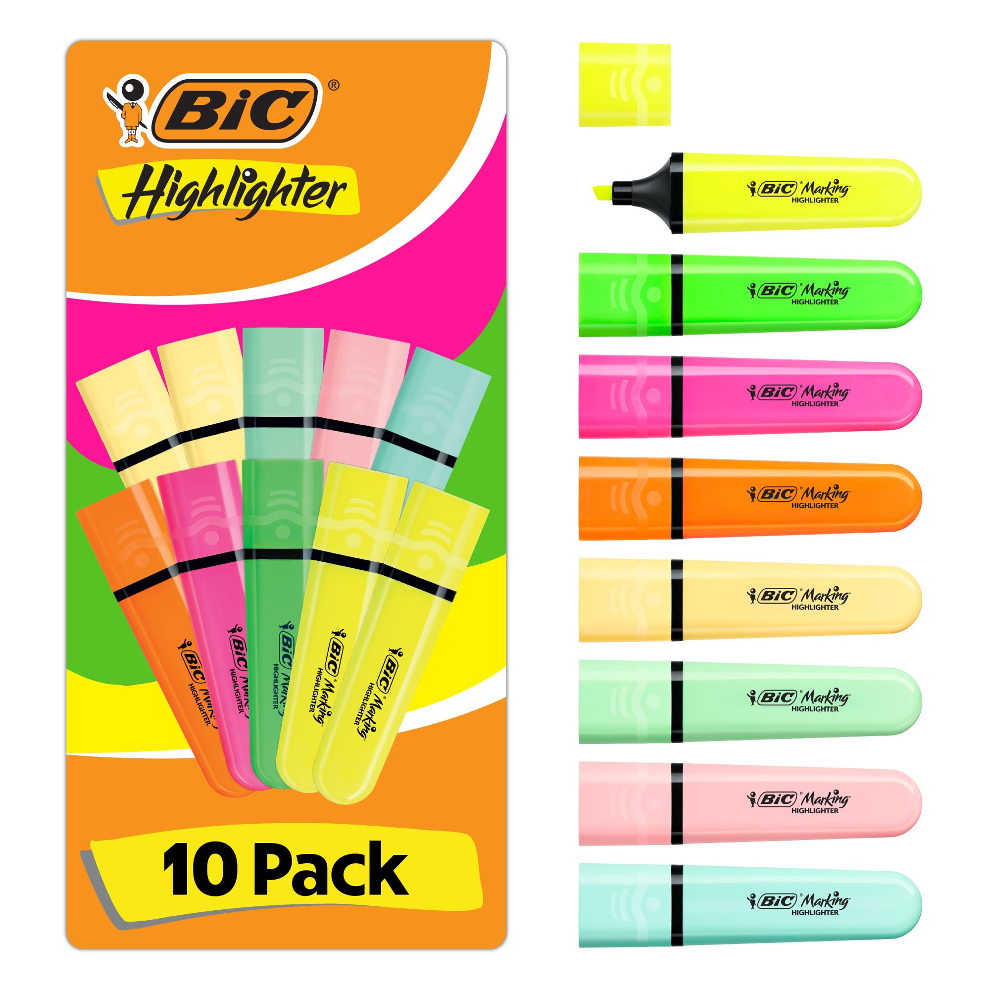 BIC Marking Flat Highlighter Pens with Modular Chiselled Nib (1.2 mm-4.6 mm) - Assorted Neon and Pastel Colours, Pack of 10