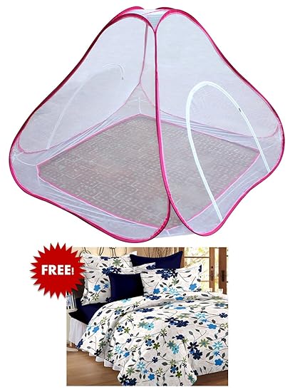 Bedspun Double Bed Pink mosquito net double bed Free Double Size 100 % Cotton Bedsheets with 2 Pillow Covers, Grey