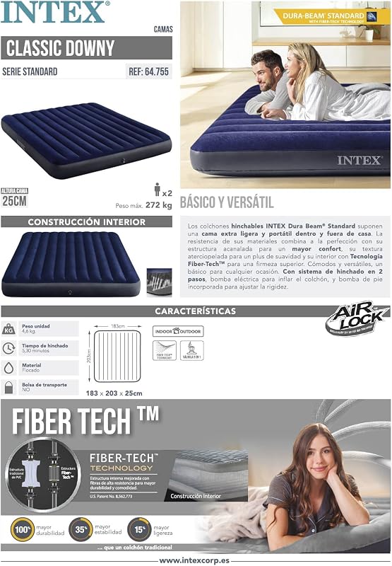 Dura-Beam Camping Matratze für 2 Person Luftbett 183 x 203 x 25 cm max. 272KG – Gästebett aufblasbares Bett Campingbett , Fiber-Tech-Technologie (64755)