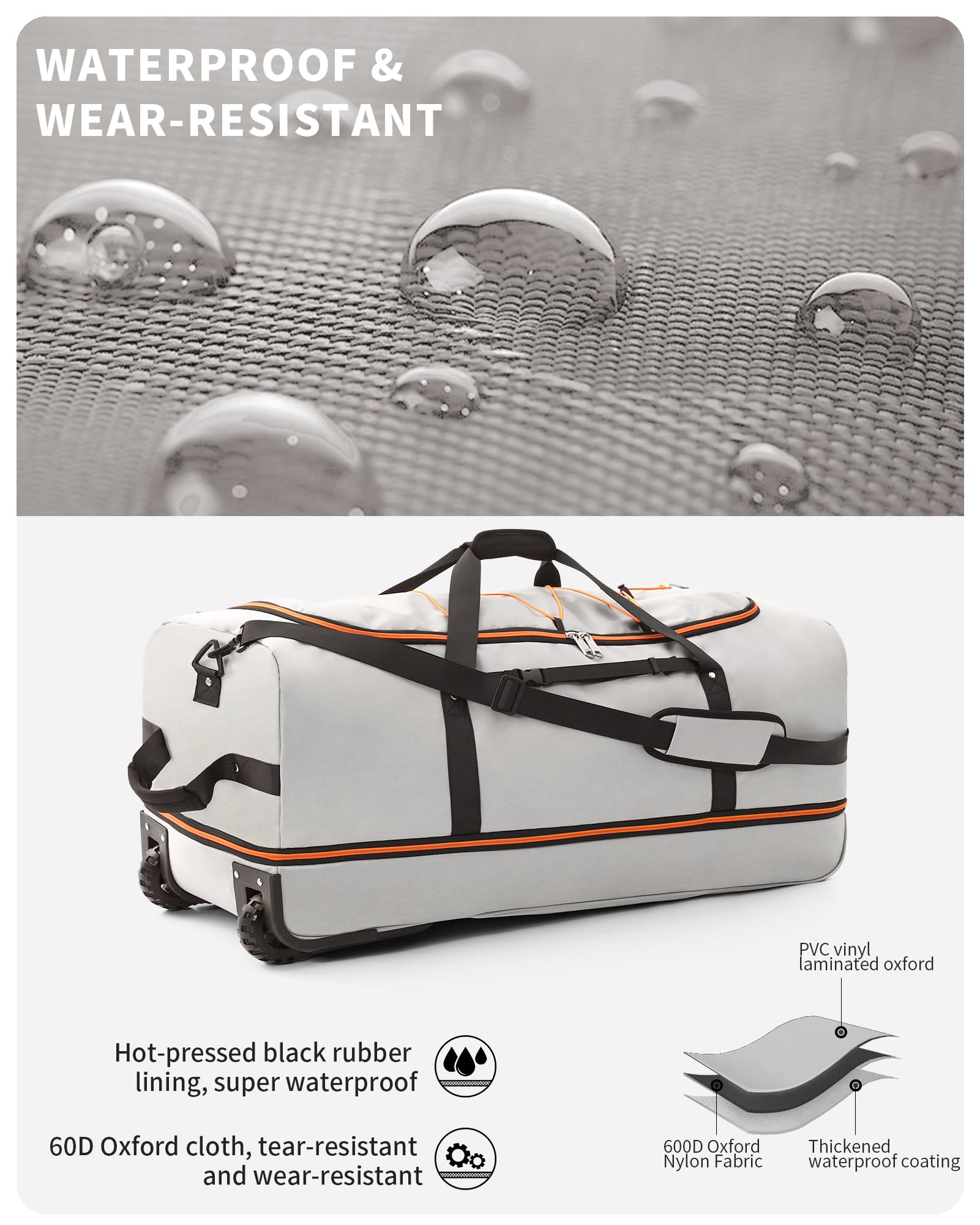 CONTAIL 32”110L Expandable 140L Rolling Duffle Bag with 2 Inline Wheels,Convertible Weekend Travel Bag with Bungee-Cord System,Grey