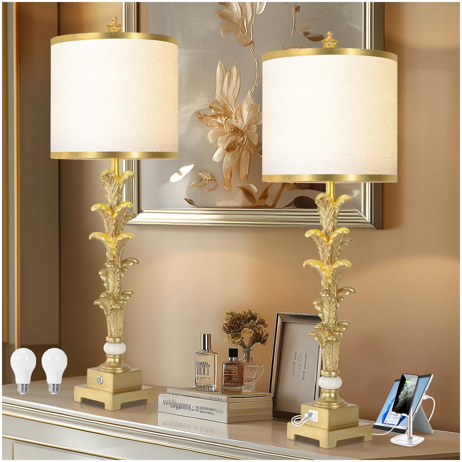 Touch Control Lamps Set Of 2 Gold Table Lamps 3-Way Dimmable With USB A C Ports Tall Modern End Table Lamps For Living Room Bedside Nightstand Bedroom...
