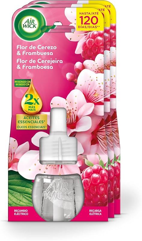 Pack de 3 Recambios para Ambientador Eléctrico con aroma a Flor de cerezo y Frambuesa, infusionado con 2 veces más aceites esenciales