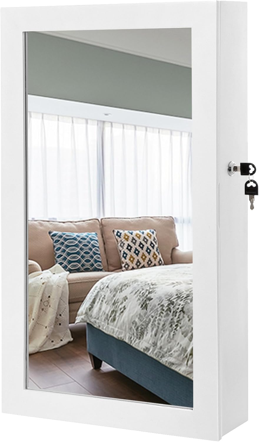 SONGMICS White Mirrored Lockable Jewellery Cabinet, Wall Mount Jewellery Organiser, Gift Idea JBC51W, White + Black, 29 x 59 cm (D x H)