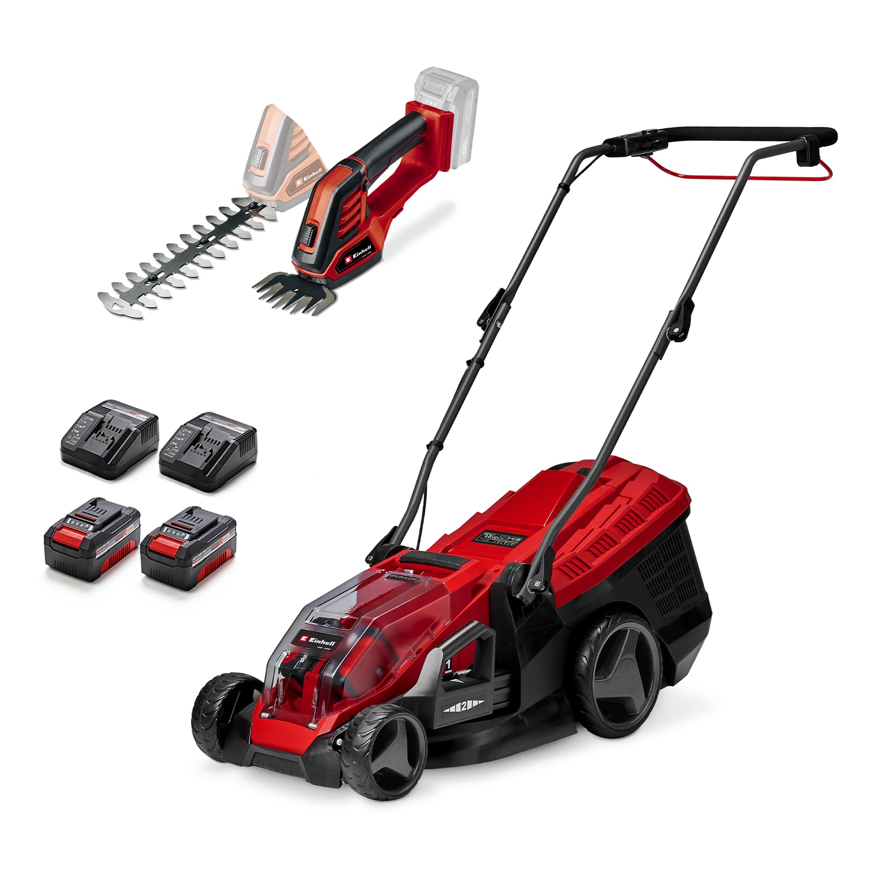 Einhell Akku-Gartengeräte Kit PXC (Akku-Rasenmäher GE-CM 36/36 Li Kit, 36 V, 36 cm Schnittbreite, inkl. 4,0 Ah + 2x Ladegerät, Akku-Gras- und Strauchschere GE-CG 18/100 Li-Solo)