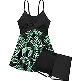 Girls Swimsuits Criss Cross Tropical Print Mesh Dress Bathing Suits with Shorts 2 Piece Tankini for Teens