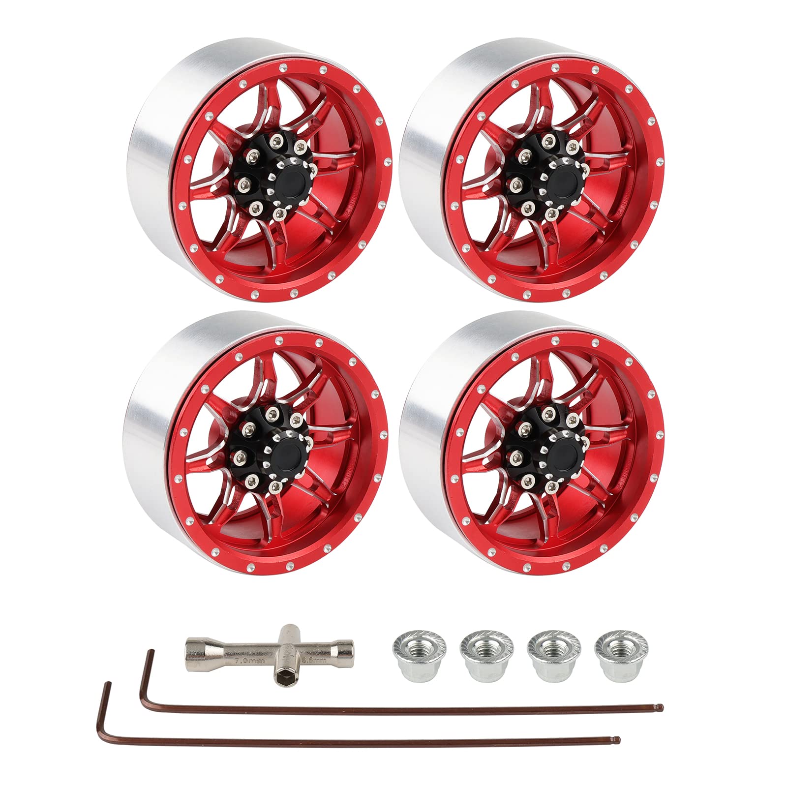 Pxyelec 4pcs RC Wheel Rims Hub, Beadlock Wheel Rims or 1/10 Axial SCX10 TRX4 D90 RC Crawler Car with Nut, Cross Wrench and Inner Hexagonal Wrench Repairing Tools