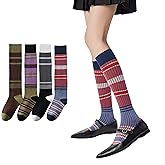 4/8 Pairs Retro Style Striped Knee High Socks for Women Girls Academic Combed Cotton Stockings for Daily Wear and Sports