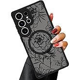 OOK Magnetic for Samsung Galaxy S25 Ultra Case Black Floral Flowers Pattern [Compatible with MagSafe] Slim Translucent Matte Full Camera Lens with Privacy Screen Protector