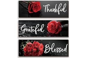 ZINYAZHE 3 Pcs Red Bathroom Decor Red Rose Wall Art Inspirational Flower Wooden Signs Red and Black Bathroom Office Wall Decor with Thankful Grateful Blessed Quotes for Women Bedroom Kitchen(Red Rose12x4 Inch)