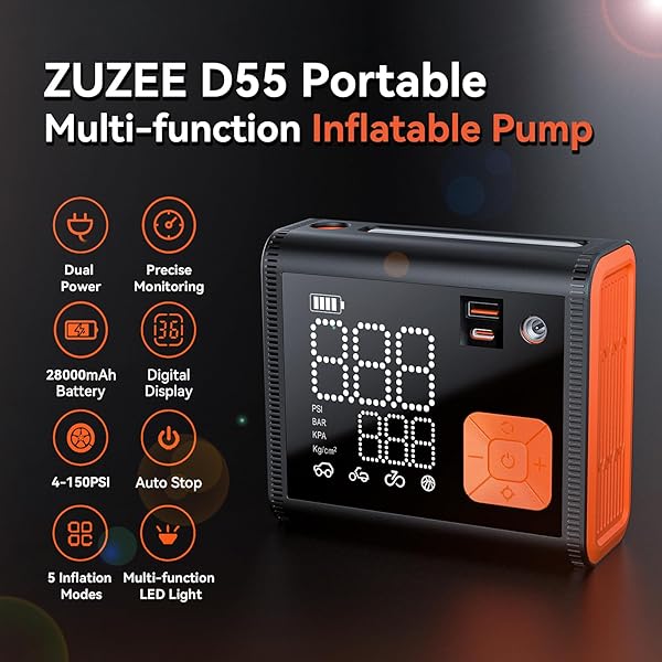 ZUZEE TIRE INFLATOR PORTABLE AIR COMPRESSOR, 150 PSI DUAL CYLINDER 3X FASTER PORTABLE TIRE INFLATOR, 28000MAH DUAL POWER MODE PORTABLE AIR PUMP FOR CAR TIRES, MOTORCYCLE TIRES, BIKES TIRES, BALLS, ETC