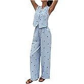 SweatyRocks Women's 2 Piece Outfits Striped Bow Print Button Down Vest Top and Pants Sets