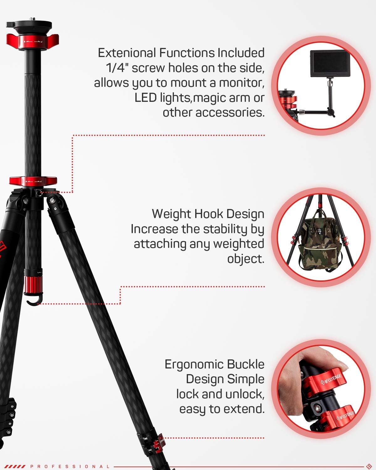 IFOOTAGE 65" Carbon Fiber Video Tripod, Professional Camera Tripods 3 Sections with Centre Pole, Max Load 17.6 lbs, Compatible with Canon, Nikon, Sony DSLR Camcorder Video Photography : Camera & Photo