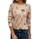 JUSTFASHIONNOW Womens Long Sleeve Tops Casual Shirts for Women Summer Flower Printed T Shirt Crewneck Floral Tee