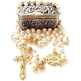 Elegangtmedical handmade White Real Pearl Rose Beads Catholic Rosary Gold Cross Necklace Supper Box