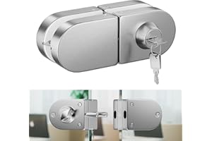 Ranbo Frameless Double-Sided Glass Door Lock,Clamp-On No-Drill,304 Stainless Steel,for 3/8"–1/2"(10-12mm) Swing Door,for Office,Storefront,3 Keys,Brushed Nickel—Double Swing Doors Floor Lock Required