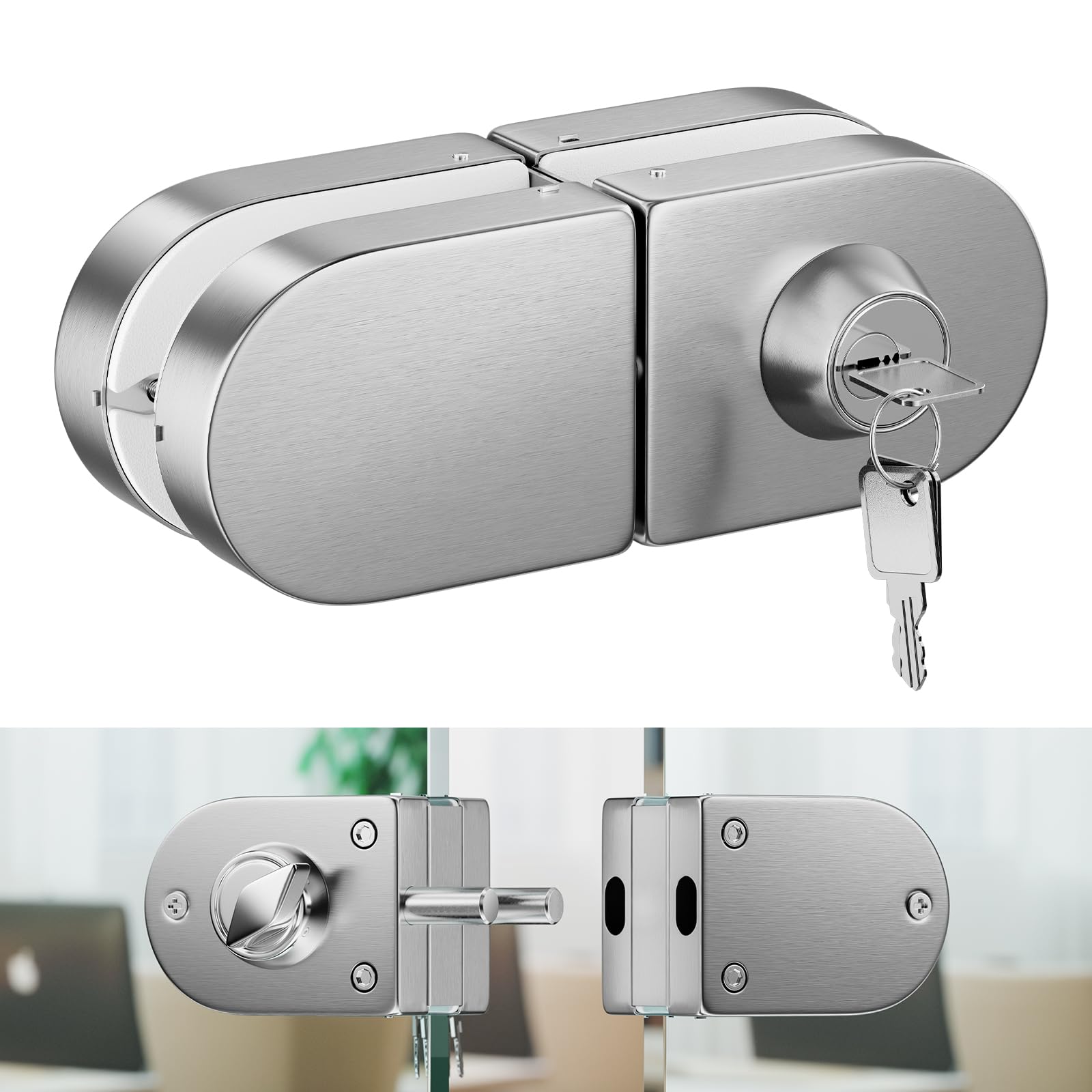 Ranbo Frameless Double-Sided Glass Door Lock,No-Drill, 304 Stainless Steel,Suitable for 3/8''-1/2''(10mm-12mm) Sliding Glass Doors,Office Doors,Commercial Doors,Includes 3 Keys,Brushed Nickel