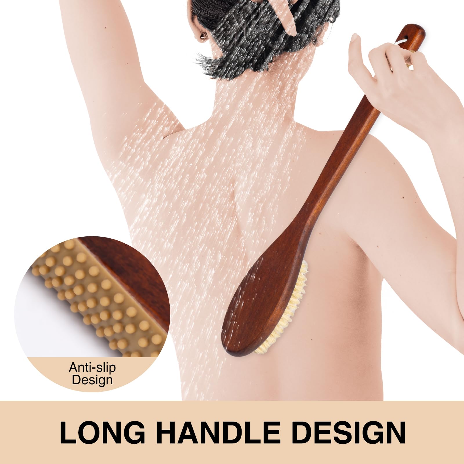 Wooden Bath Brush with Stiff Sisal Bristles Long Handle for Shower Back Scrubber Body Exfoliator, with Hook for Hanging (Stiff Sisal Hair)