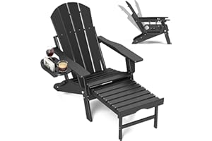 FOOWIN Adirondack Chair with Retractable Ottoman,HDPE Folding Adjustable Adirondack Chair w/4 in 1 Cup Holder Trays,All-Weather Resistant Fire Pit Chair for Outdoor Patio Lawn Oversized Outdoor Chair