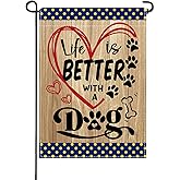 Artofy Life Is Better With A Dog Small Decorative Garden Flag, Farmhouse Love Heart Yard Lawn Outside Decor Pet Owner Lover Gift, Rustic Paw Prints Burlap Outdoor Home Decoration Double Sided 12 x 18