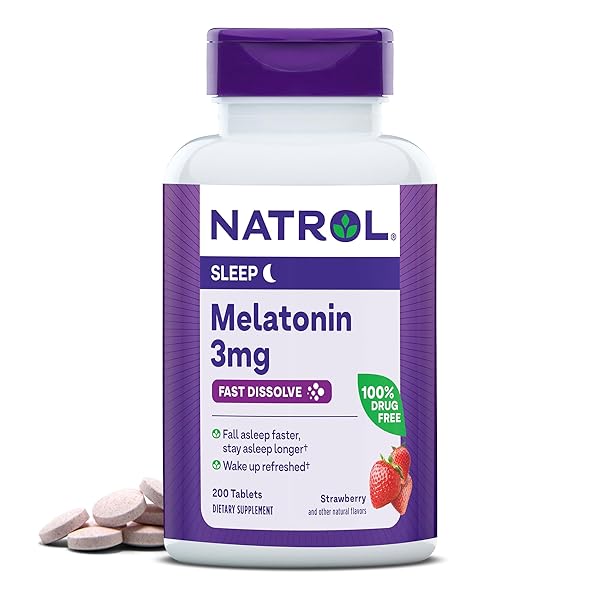 NATROL FAST DISSOLVE MELATONIN 3 MG, SUPPLEMENTS FOR RESTFUL SLEEP, SLEEP SUPPORT FOR ADULTS, 200 STRAWBERRY-FLAVORED MELATONIN TABLETS, UP TO A 200 DAY SUPPLY