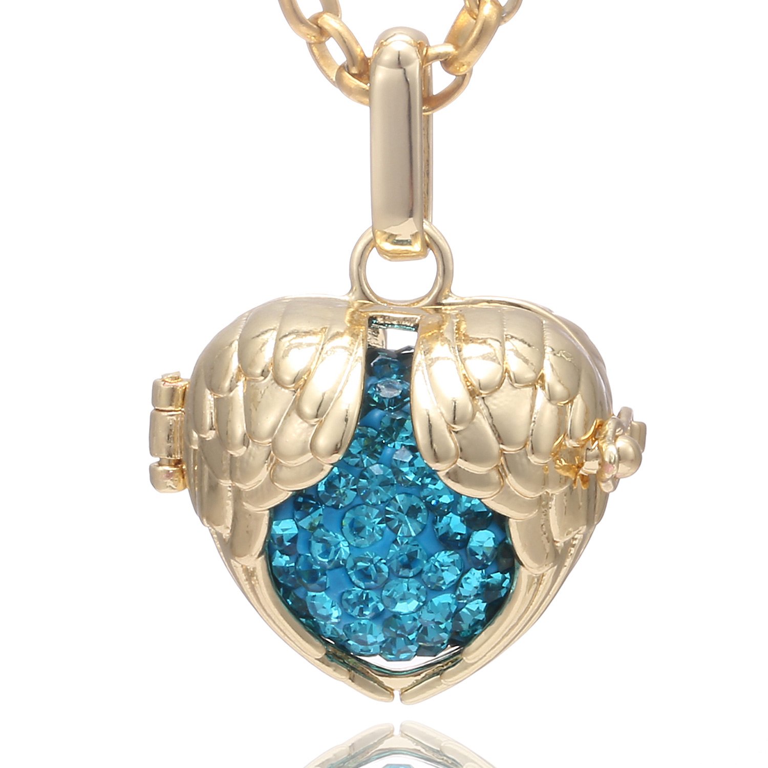 Morella Women Necklace Stainless Steel Gold 70 cm 27,5" with Angel Wings Pendant with Sound Ball Zirconia Petrol Ø 16 mm 0,63" in a Velvet Jewelry Bag