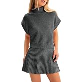 Tankaneo Womens Skirt 2 Piece Sets Sweater Set 2025 Turtleneck Cap Sleeve Crop Top and Pleated Mini Skirt Travel Outfits