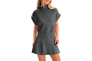 Tankaneo Womens Skirt 2 Piece Sets Sweater Set 2025 Turtleneck Cap Sleeve Crop Top and Pleated Mini Skirt Travel Outfits