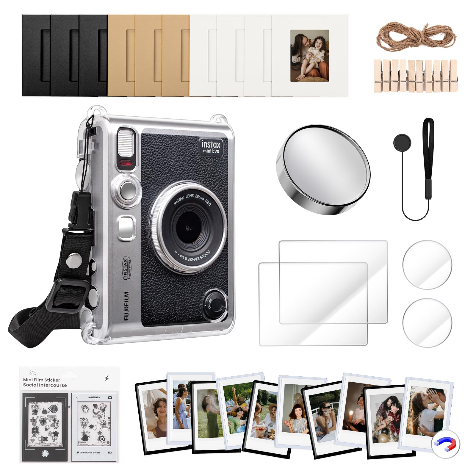 HIYQIN Instax Mini EVO Clear Case and Accessories Kit, for Fuji Instax Mini EVO Case/Lens Cap/Screen & Lens Protector/Magnetic Frames/Hanging Frames/Border Stickers