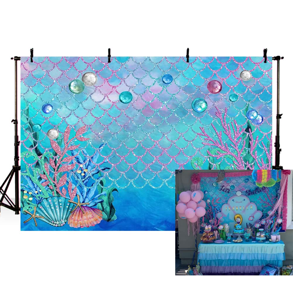 MEHOFOTO 7x5ft Under The Sea Blue Photography Backdrop Ocean Mermaid Theme Girl Birthday Party Decoration Pearls Starfish Shell Ocean Theme Baby Shower Photo Studio Booth Background Banner