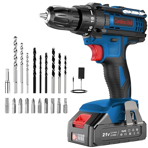 DYJPOW Cordless Drill Driver 21V, Power Drill with 2000mAh Battery, 18+1 Torque, 42N.m Max, 2 Speed, 22PCS Drill Bits, 10mm Chuck, LED Light for Home and Garden DIY Project, Blue