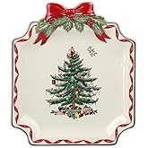 Spode Christmas Tree Ribbons Canape Platter - 6.5-Inch Holiday Serving Plate for Desserts, Appetizers, and Treats - Festive Earthenware Christmas Dinnerware with Gold Accents - Dishwasher Safe