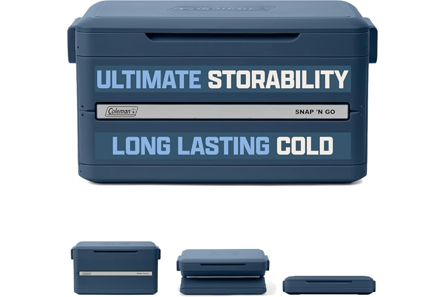 Coleman Snap 'N Go 35-Quart Collapsible Hard Cooler, Portable Hard-Sided Cooler with Waterproof Removable Liner, Spacing-Saving & Quick Set Up, 48 Hours Cold, Sapphire Blue