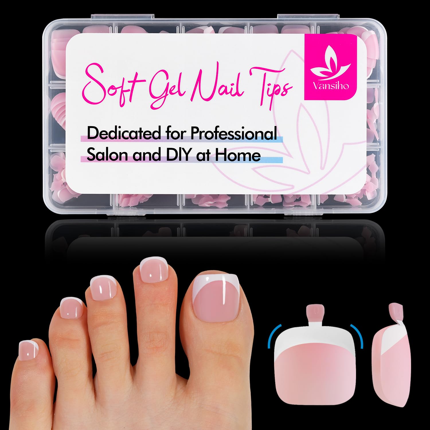 Photo 1 of Vansiho 150 pcs Fake Toe Nail Tips Press on, French Tip Soft Gel Toenail Extension Pink White, Square Round Toenail Pre-applied Tip Primer & Base Coat, Soft Gel Fake Toe Nails for Home DIY 15 Sizes