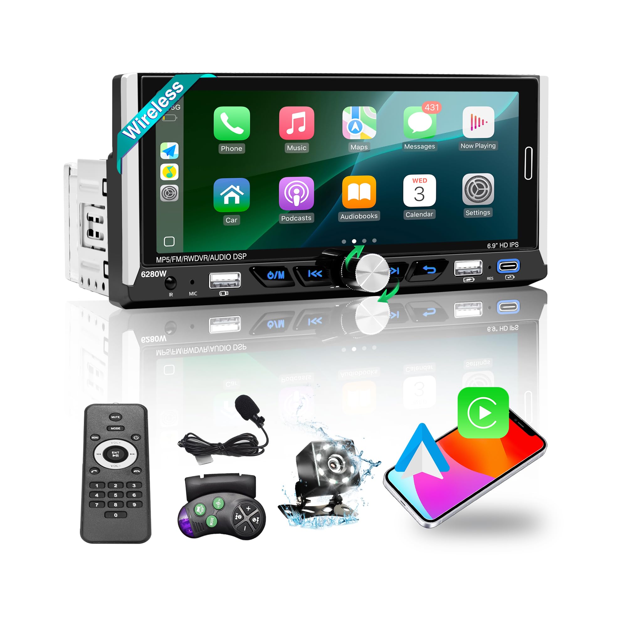 Photo 1 of Emeito 6.9 in Wireless Apple Carplay Single Din Car Stereo,HD IPS 1280×480 Single Din Touchscreen Radio,Bluetooth 5.0,FM RDS Radio,Backup Camera,USB, AUX(Extra MIC), Type-C, Android Auto Car Stereo