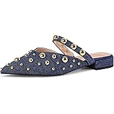 TRKYYK Women's Studded Mules Pointed Toe Strap Slipper Comfortable Flats Shoes