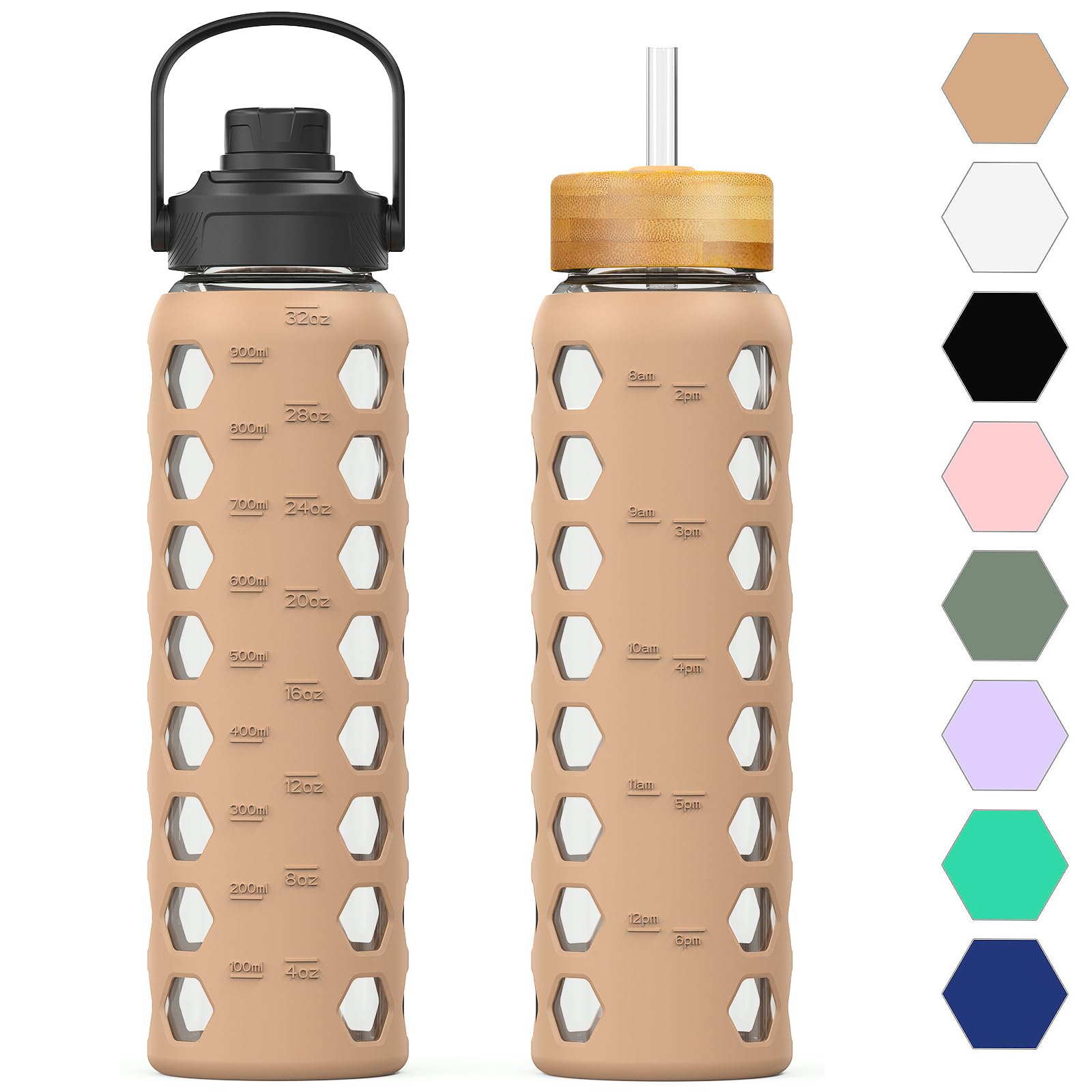 HYDRAGLAZIC 950ML Glass Water Bottle with 2 Flip and Bamboo Straw Lids Sports Water Tumbler with Time Reminder and Silicone Sleeve Leak-proof BPA Free, Amber