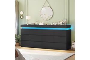 HAUOMS 12 Drawer Dresser with LED Light, Black Modern Chest of Drawers for Bedroom,Long Dresser with Drawers for Living Room, Entryway, Hallway