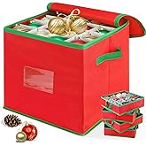 Christmas Ornament Storage Box, Xmas Storage Container Up To 64 Ornaments Decoration Balls With 4 Separate Removable Trays,Red Oxford Canvas Holiday Storage Case With Lid For for Xmas Storage