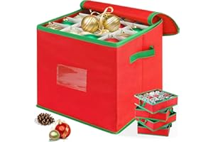 DEALBETA Christmas Ornament Storage Box, Xmas Storage Container Up To 64 Ornaments Decoration Balls With 4 Separate Removable Trays,Red Oxford Canvas Holiday Storage Case With Lid For for Xmas Storage
