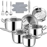 Fruikit Stainless Steel Cookware Set - 20 PCS Pots and Pans Set with 3-Ply Stainless Steel Frying Pan, Professional Kitchen Cooking Set, Induction Compatible, Oven &amp; Dishwasher Safe