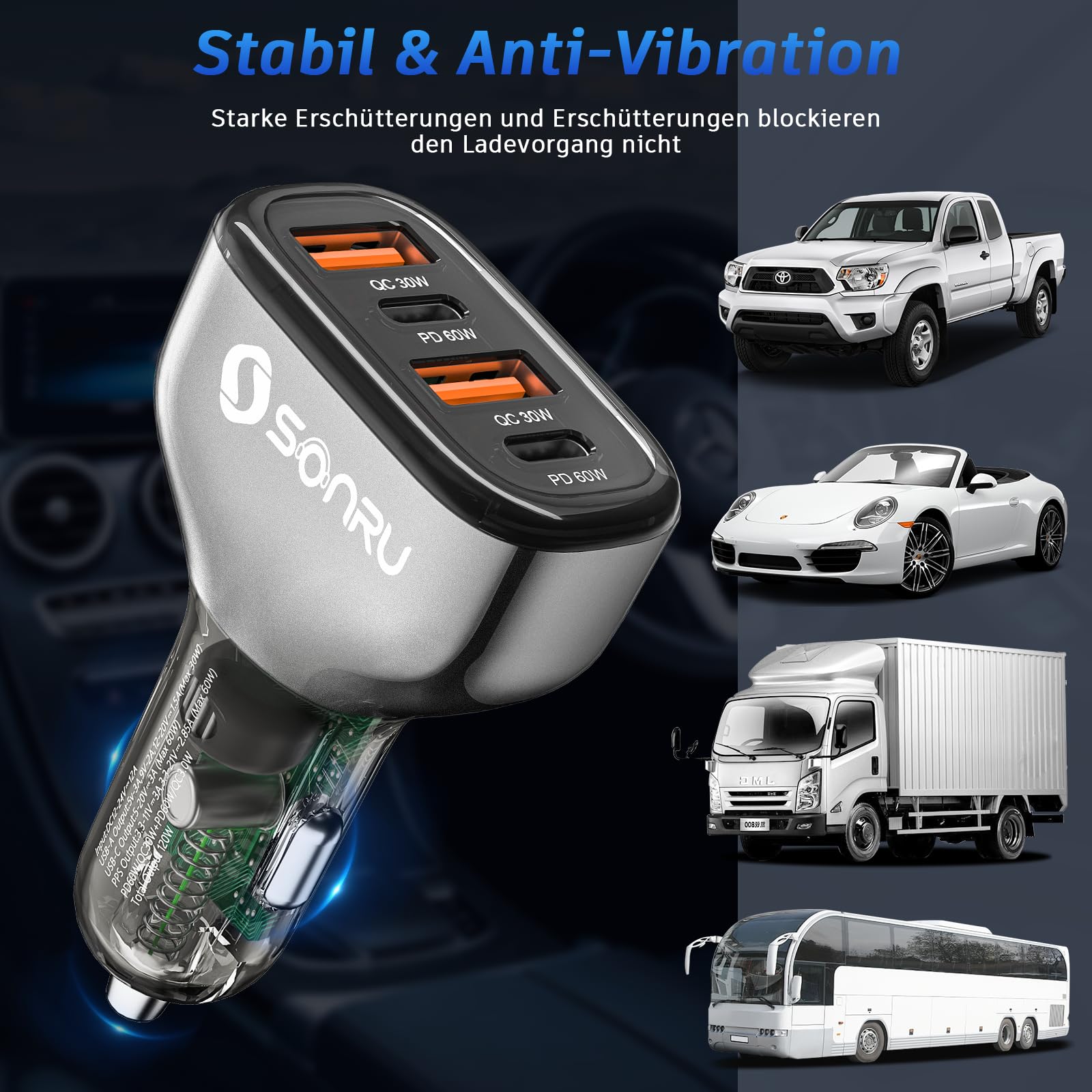 SONRU 120W Auto Ladegeräte USB C, KFZ Zigarettenanzünder USB C Kfz Ladegerät 12V / 24 V USB Auto Car Charger 2 PD 60W Max+2 QC 30W, Schnellladung Zigarettenanzünder Adapter 5
