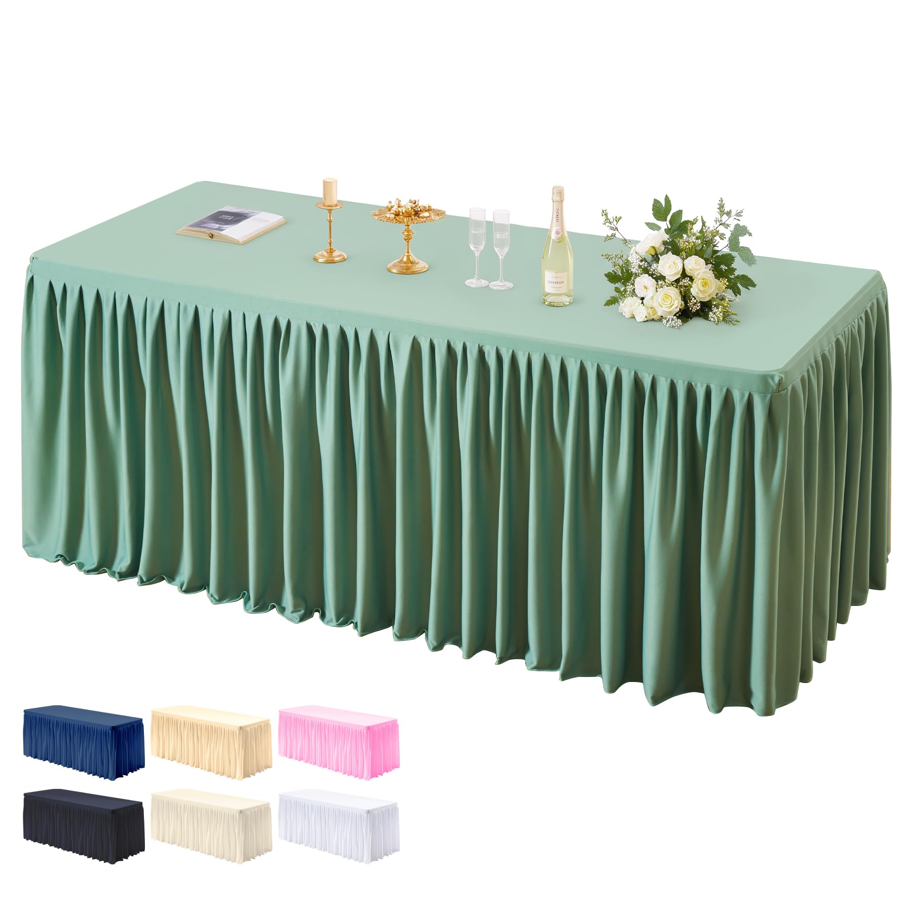 Photo 1 of 1 Pack Sage Green Tablecloths for Rectangle Tables 6ft, Wrinkle Resistant Spandex Table Cover Fitted Stretch Table Cloth with Pleated Ruffle Skirts for Party Banquet Dining Birthday Wedding