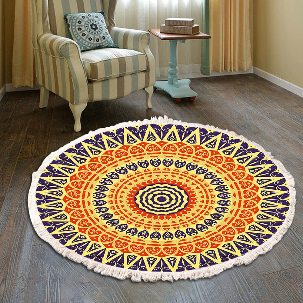 Vintage Boho Cotton Rugs Mandala Pattern Washable Hand-Woven Bohemian Round Rug with Tassels for Bedroom Hallway Living Room Coffee Table Floor Mats Machine Washable 90 cm Flowers #33 — image 1
